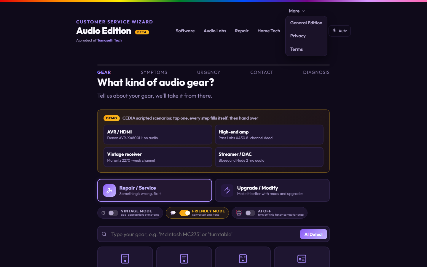Customer Service Wizard — live screenshot